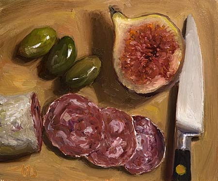 Julian Merrow Smith Fig Half, Saucisson, Knife and Olives